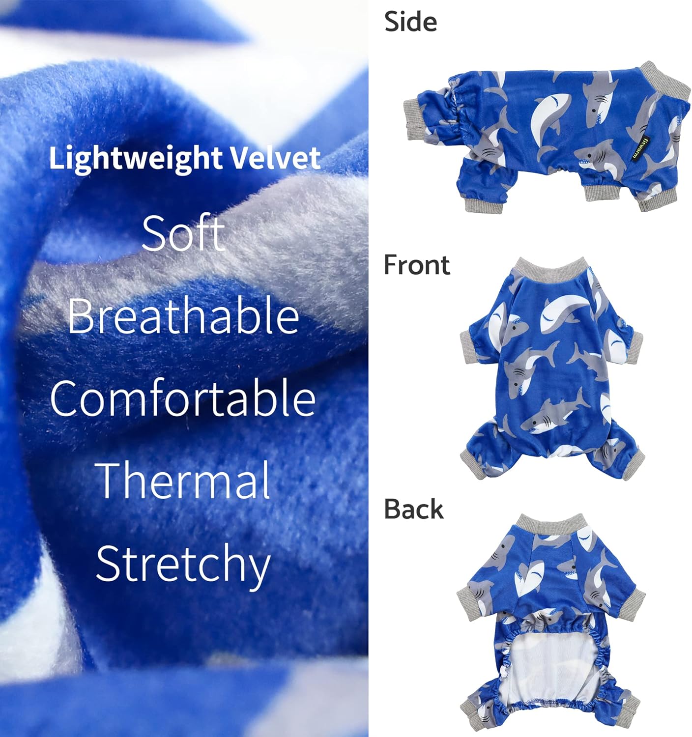 Fitwarm Shark Dog Pajamas, Dog Clothes for Small Dogs Girl Boy, Pet Onesie with Feet, Cat Outfit, Lightweight Velvet, Royal Blue, XXL