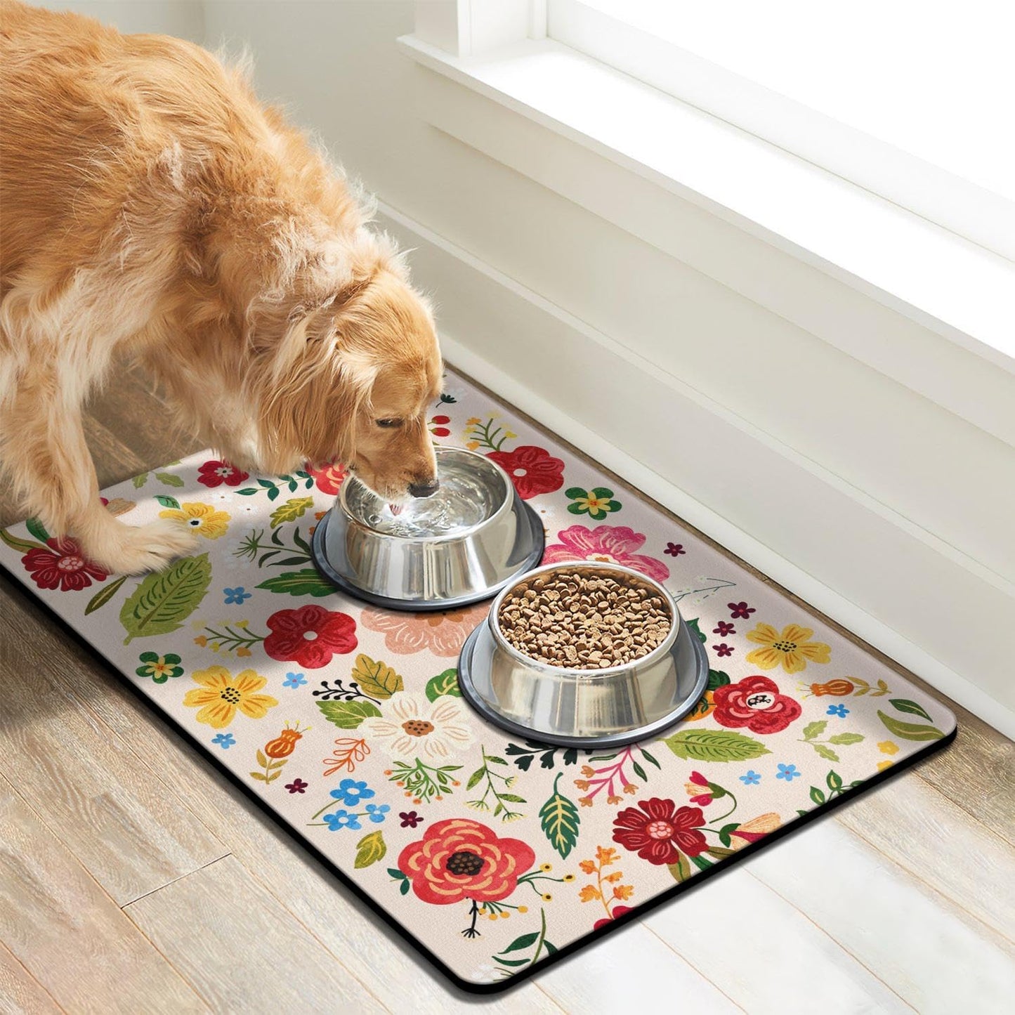 Absorbent Quick Dry Pet Food Mat for Dogs and Cats - Eco-Friendly Bowl Mat for Food and Water Dispenser - 16"x24" Floor Accessory