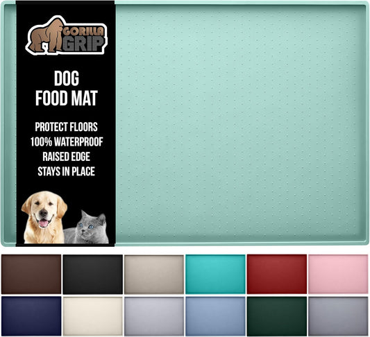 GORILLA GRIP 100% Waterproof Raised Edge BPA Free Silicone Pet Feeding Mat, Dog Cat Food Mats Contain Spills Protects Floors, Placemats for Cats and Dogs Water Bowl, Pets Accessories 28x18 Mint