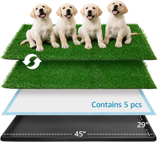 Dog Grass pad with Tray,45”x 29” Indoor Dog Potty with 2 Packs Replacement Artificial Fake Grass-5 Packs Disposable Puppy Pads,for Puppy Training Apartment,Outdoor Use