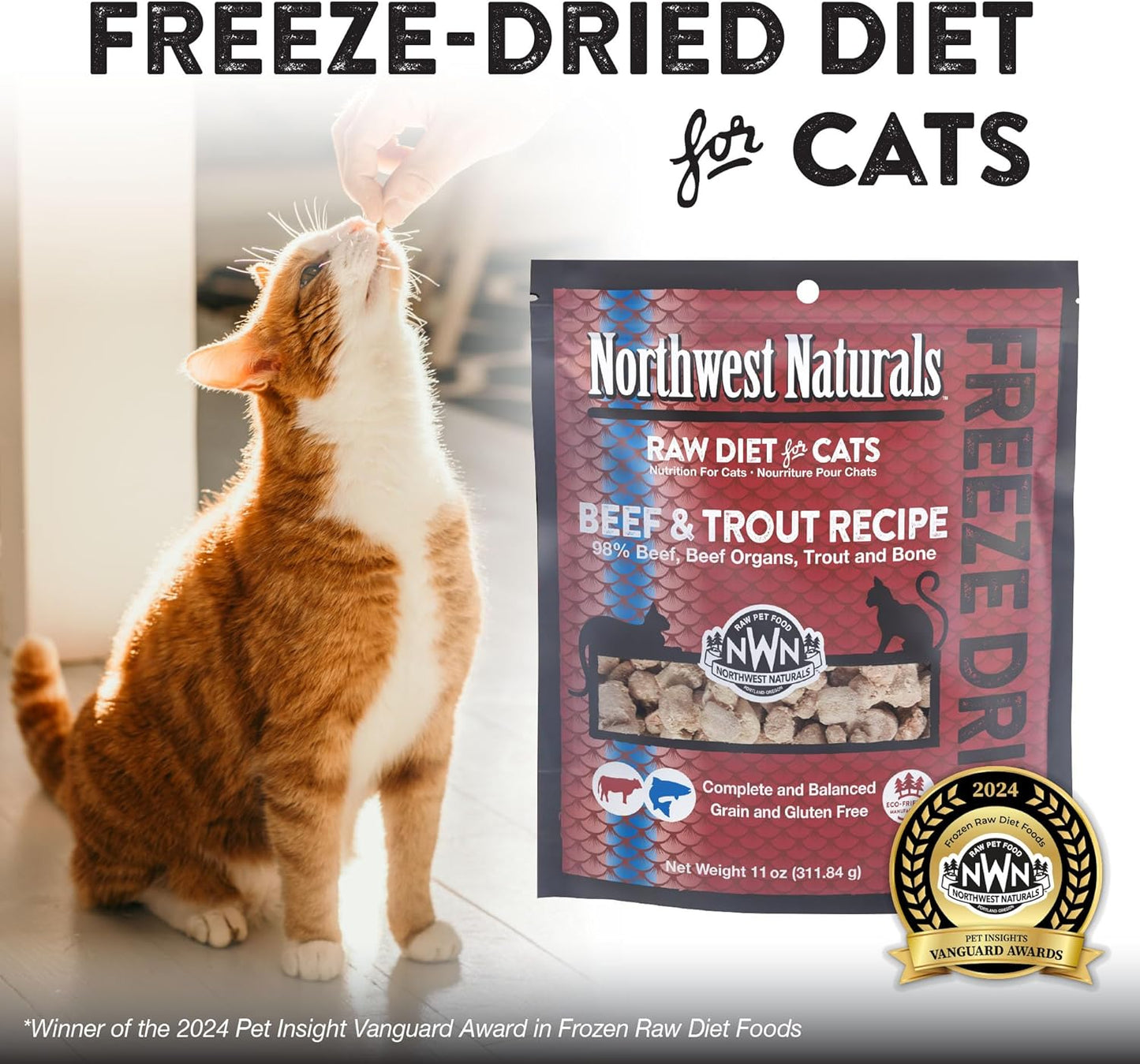 Northwest Naturals Freeze-Dried Beef & Trout Cat & Kitten Food, Bite-Sized Nibbles, Healthy, Limited, Human-Grade Ingredients, All-Natural, High-Protein Raw Diet, Complete & Balanced, Grain-Free 11 oz