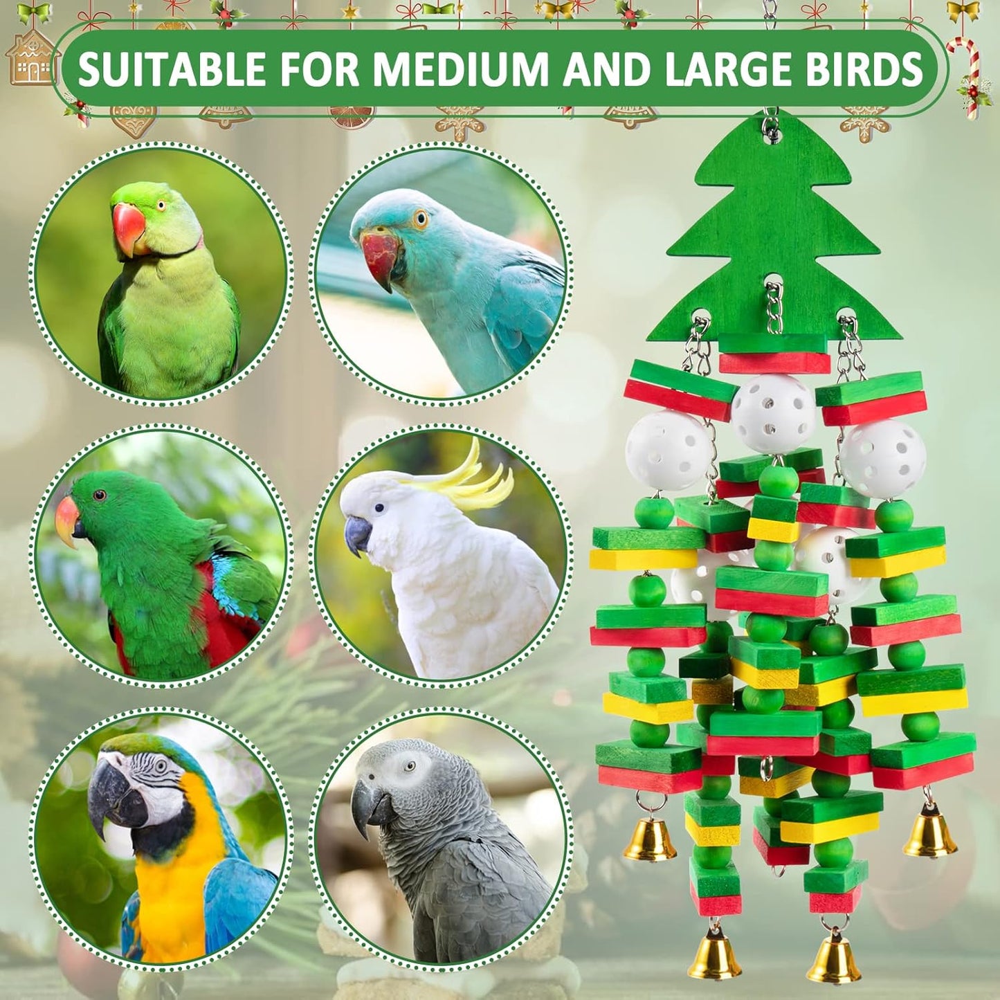 Christmas Large Bird Toy - Natural Wooden Parrots Toy with Colorful Edible Blocks for Macaws African Grey Amazon Parrots Cockatoos, Bird Chewing Toy for Gifts Playing(Green)