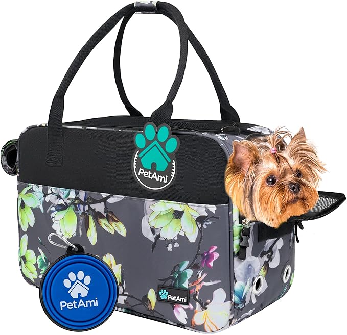PetAmi Dog Purse Carrier for Small Dogs, Airline Approved Soft Sided Pet Carrier with Pockets, Ventilated Dog Carrying Bag for Puppy Cat, Dog Travel Supplies Bag, Sherpa Bed, Max 12 lbs, Floral Gray