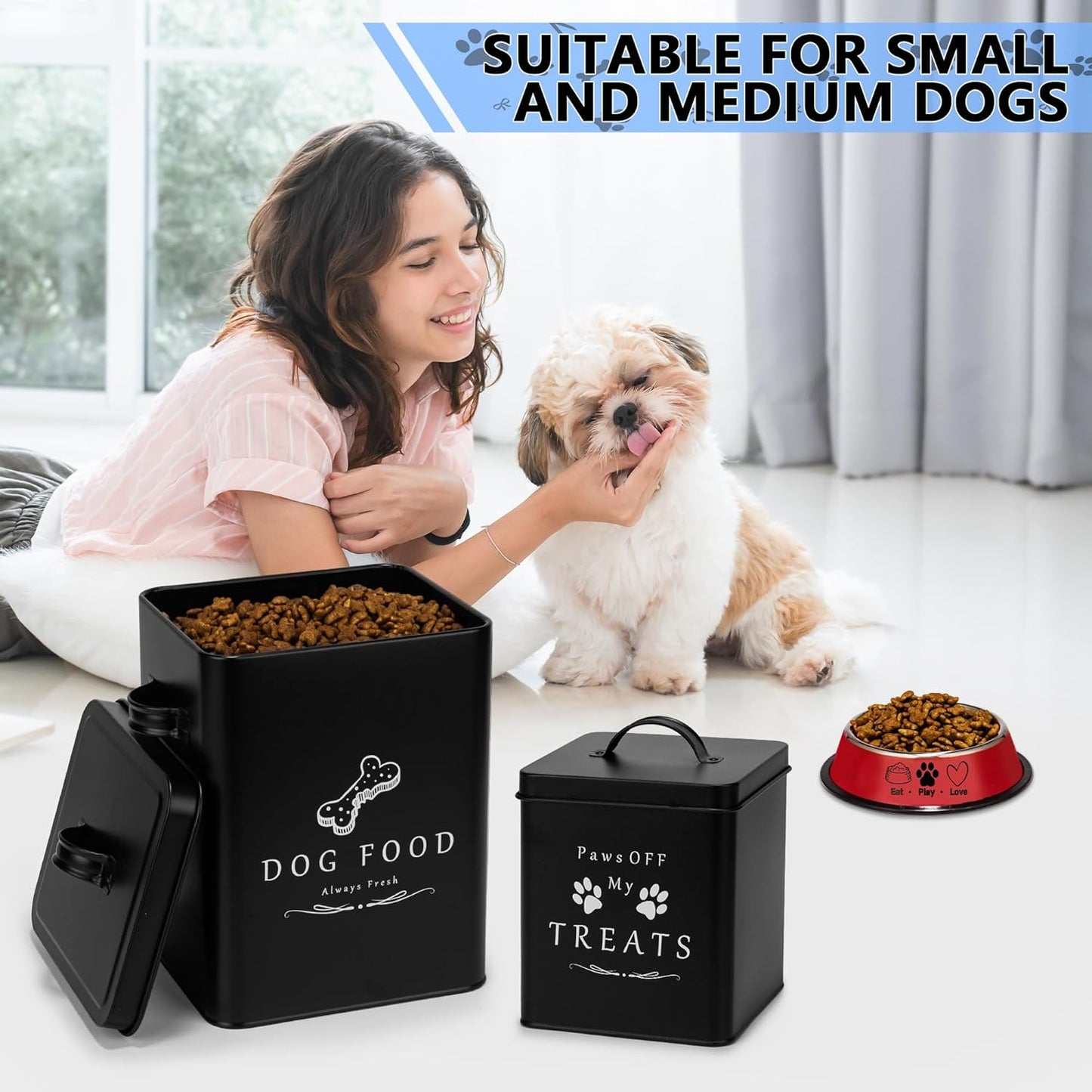 Meraki Home Small Dog Food Container and Dog Treats Container - Tight Lids - Feed Scoop and Pet Food Bowl - Farmhouse Metal Storage Bin - Matte Black