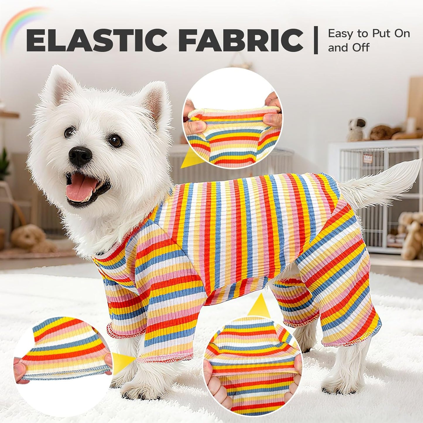 BAEJMJK Striped Dog Pajamas Stretchy Cute Four-Legged Boy Girl Dog Clothes with Sleeves Comfortable Dogs Jumpsuit Colorful Pet Puppy Outfits Apparel for Small Medium Dogs Cats (Yellow,Large)