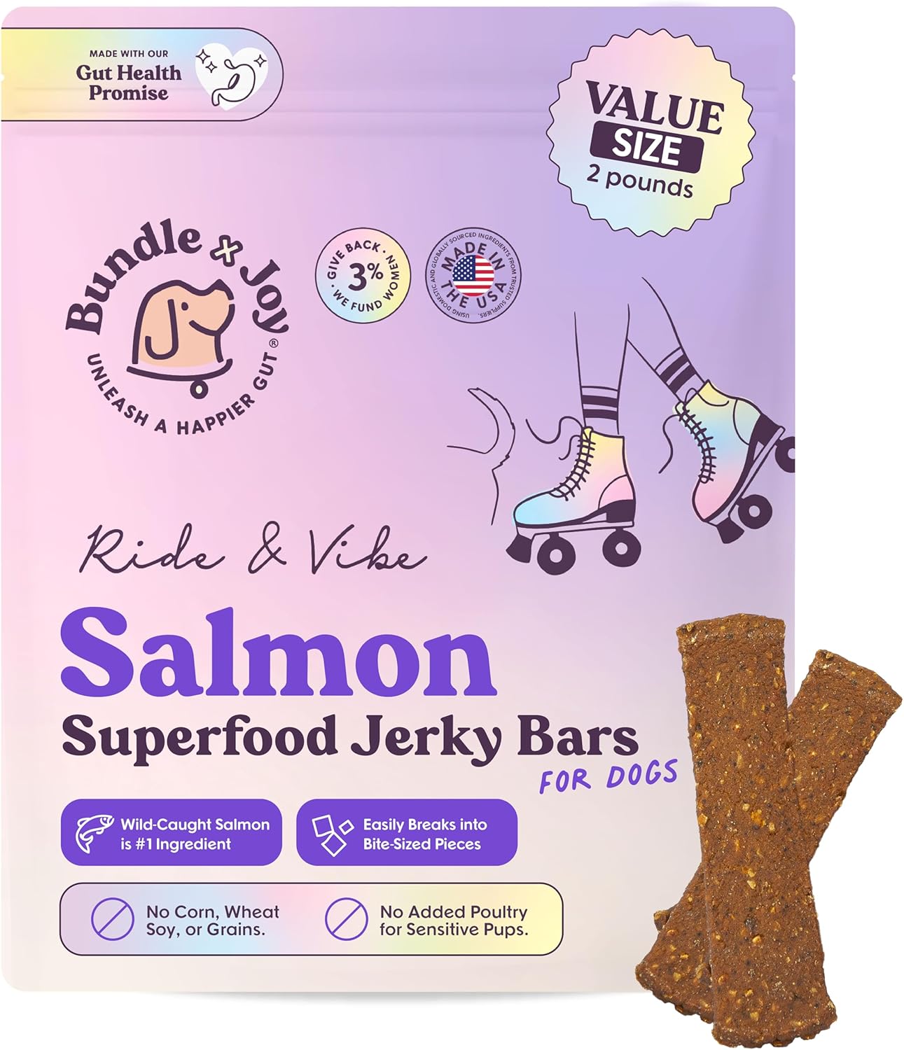 Bundle x Joy Superfood Dog Treats Salmon, Chicken or Beef Jerky Bars - Dog Treats for Snacks and Training – Made in USA - No Corn, Wheat or Soy – Poultry Free, 5oz or 16oz (Salmon (2 Lbs))