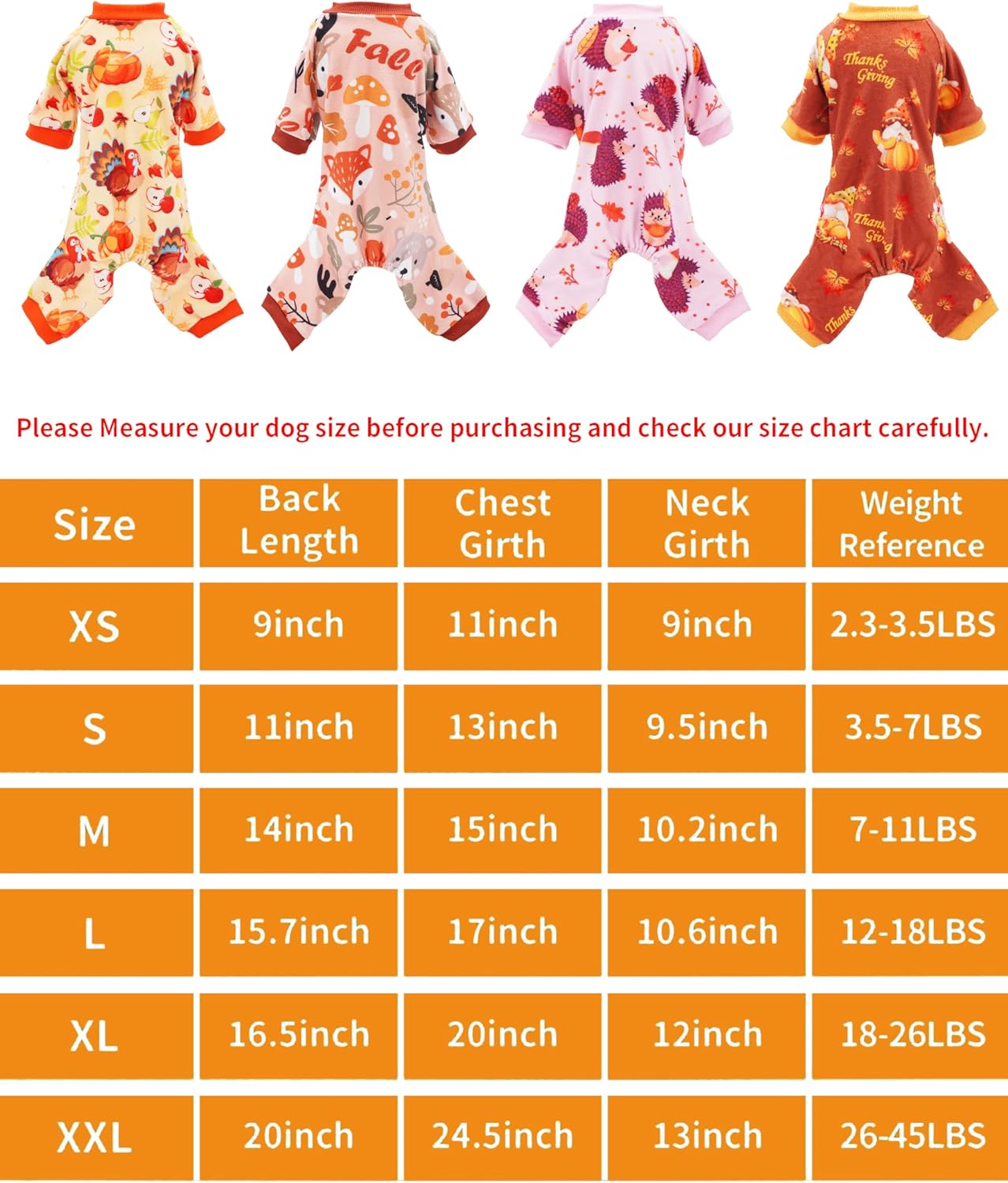 PET SHOW 4 Pack Fall Small Dog Pajamas Thanksgiving Clothes Doggies Girl Boy Soft Stretchy PJs Autumn Jumpsuit Puppy Cats Onesies Outfits with Sleeve Pets Dachshund Costume M