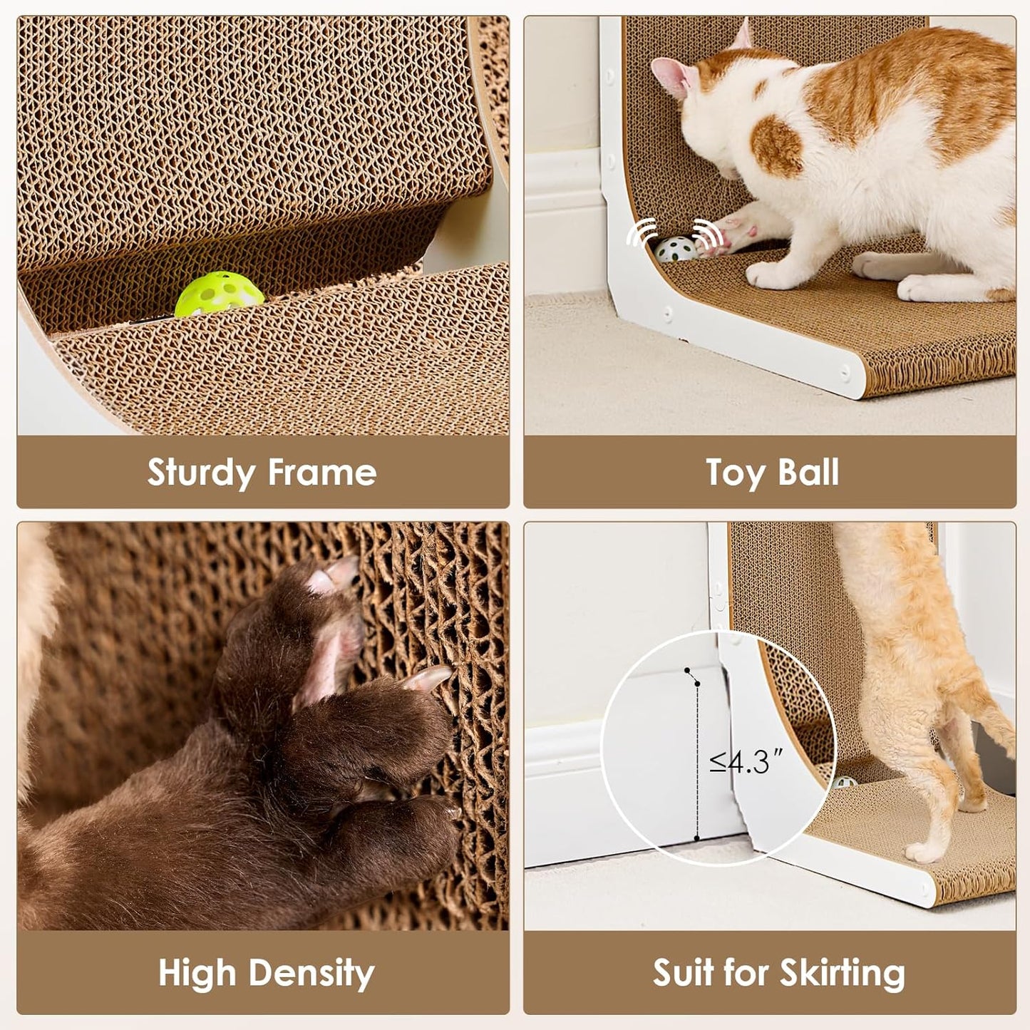 EHEYCIGA Cardboard Cat Scratcher for Indoor Cats, 32 Inch L Shaped Vertical Cat Scratching Board with Ball Cat Toy, Extra Large Cat Scratcher Pad, White