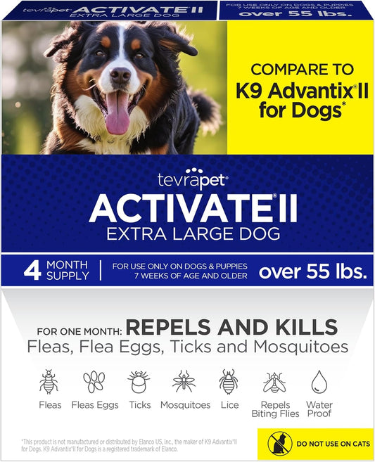 TevraPet Activate II Flea and Tick Prevention for Dogs | 4 Count | Extra Large Dogs 55+ lbs | Topical Drops | 4 Months Flea Treatment