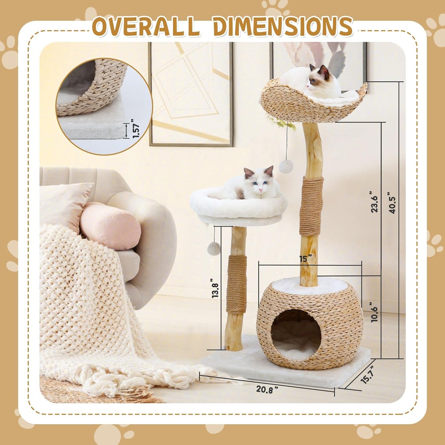 Wooden Cat Tree, Modern Cat Tree Tower with Jumping Platforms, Baskets, Cat Condo, 40" Cat Scratching Posts for Indoor Cats Kitten