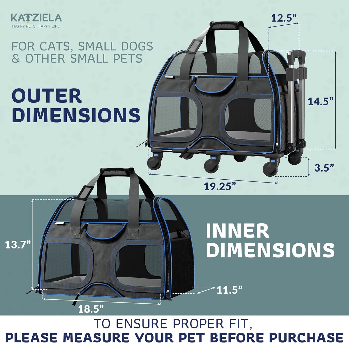Katziela Pet Carrier - Airline Approved Dog Carrier - TSA Approved Pet Carrier for Small Dogs and Cats - Soft FAA Travel Airplane Dog Carrier Luggage (Black/Blue)