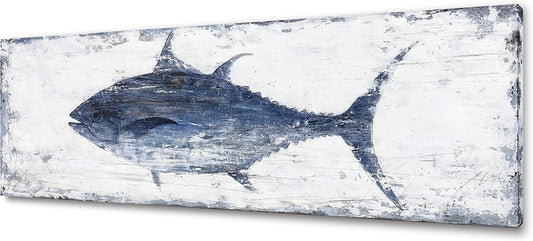 Yihui Arts Canvas Wall Art Hand Painted Abstract Tuna Fish Painting Modern Artwork Coastal Pictures in Blue and White Color for Bedroom Decoration