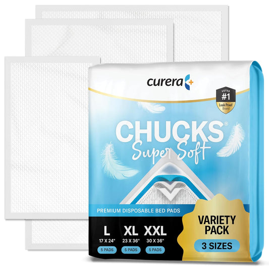Chucks Super Soft Variety Pack - 3 Sizes - 15 Disposable Underpads - The Right Size for Every Need - (17X24", 23X36", 30X36") - Sample Our Range of Sizes or Pack Them for Your Trip