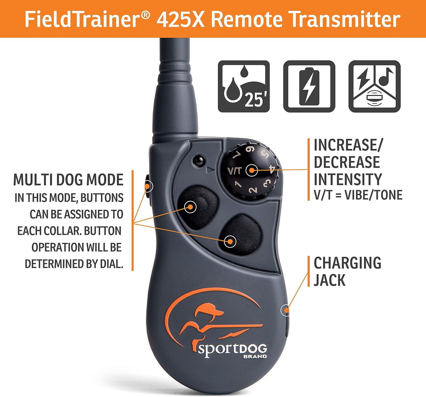 SportDOG Brand FieldTrainer 425X Remote Trainer - 500 Yard Range - Rechargeable Dog Training Collar with Static, Vibrate, and Tone - SD-425X