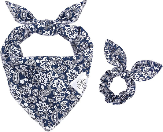E-Clover Dog Bandanas Boy & Matching Scrunchie Set Dog Bandana Scarf Bibs with Bow Scrunchies for Medium Large Dogs Pet Owner Mom Boho