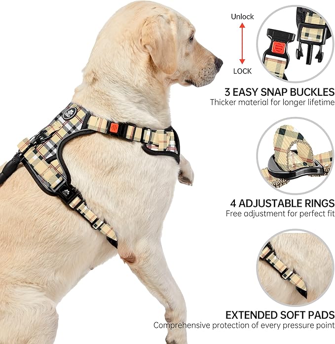 NESTROAD No Pull Dog Harness with Leash, Reflective No Choke Pet Vest Harness,Adjustable Soft Padded Dog Harness with Easy Control Handle for Large Dogs(Checkered Beige,X-Large)