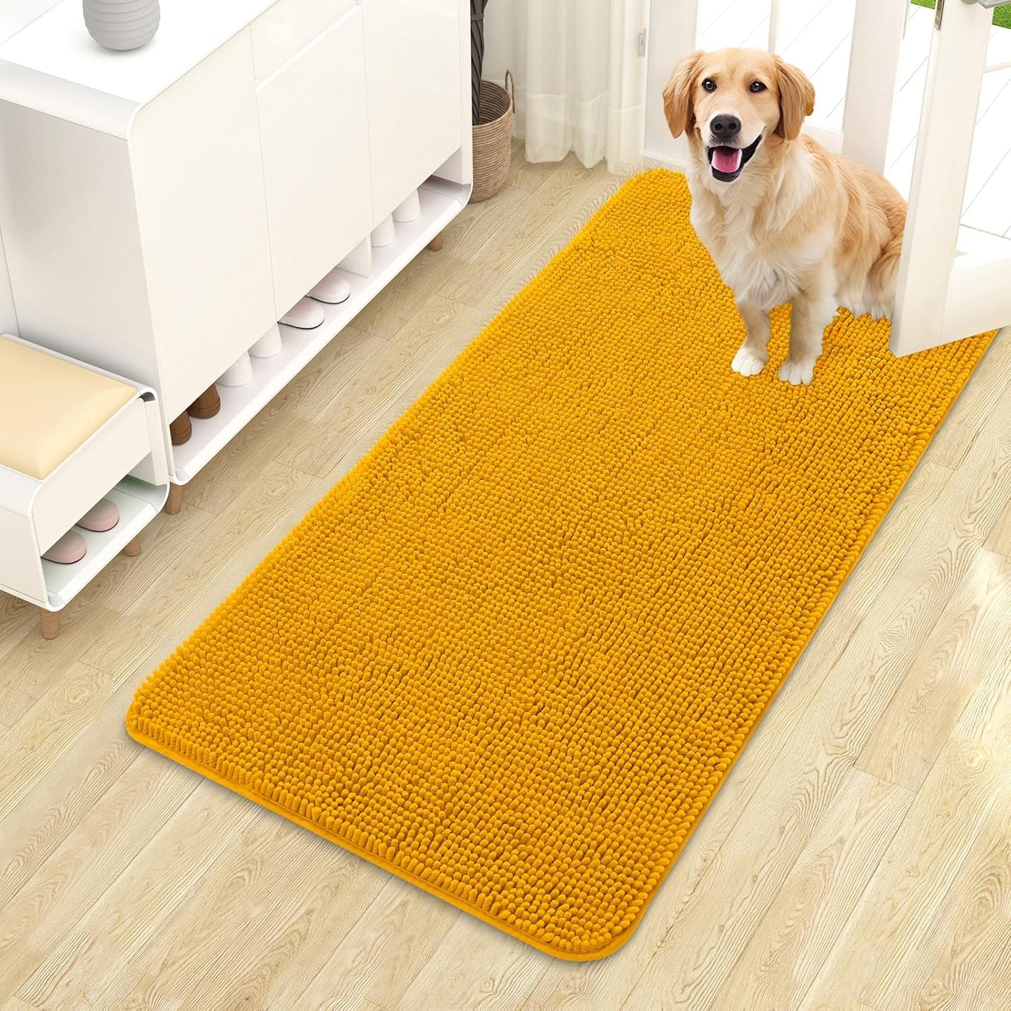 OLANLY Dog Door Mat for Muddy Paws 44x24, Absorbs Moisture and Dirt, Absorbent Non-Slip Washable Doormat, Quick Dry Chenille Mud Mat, Entry Indoor Entryway Carpet for Inside Floor, Golden Yellow