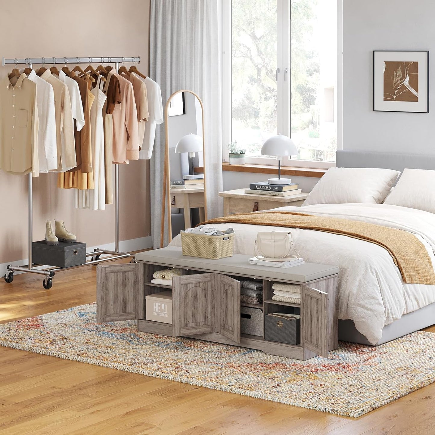 DINZI LVJ Shoe Bench, Entryway Storage Bench with Doors, Cushion, 2-Tier Shoe Rack with 8-Cubby, 47.2”L x 13.8”W Shoe Organizer Cabinet, Adjustable Shelf, Living Room, Bedroom, Greige