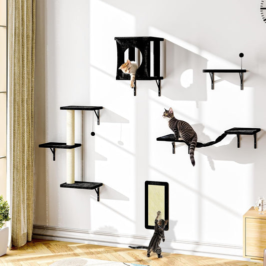 NUNU LAB Cat Wall Shelves Set, 5 Pcs Wall-Mounted Cat Climber with Cat House, Bridge, Scratching Post, Hammock, Wall Shelves, Black