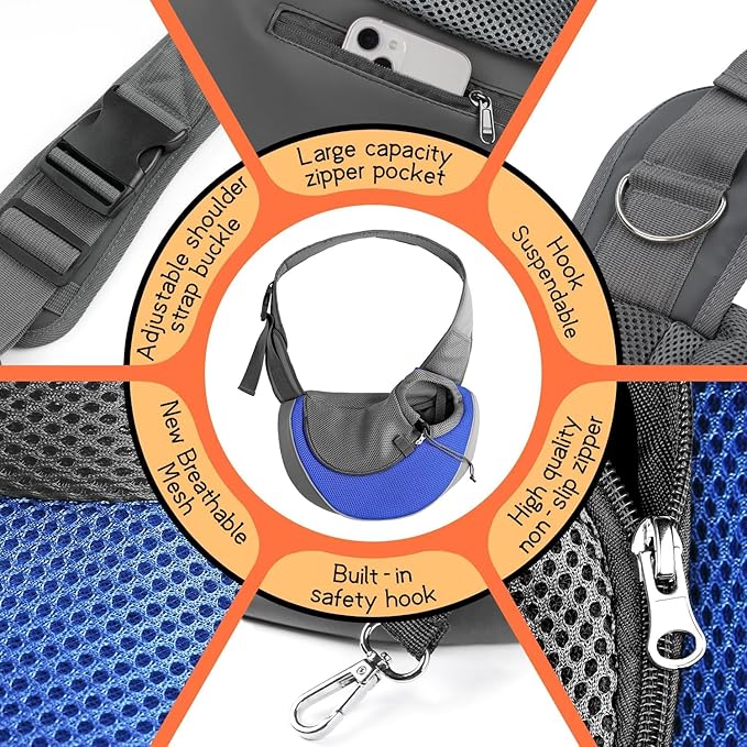 YUDODO Pet Sling Carrier for Small Dogs & Cats – Hands-Free Puppy Carrier with Safety Hook, Large Zipper Pocket, Soft Breathable Mesh, Adjustable Strap & Reflective Strip (Blue 1.0 L)