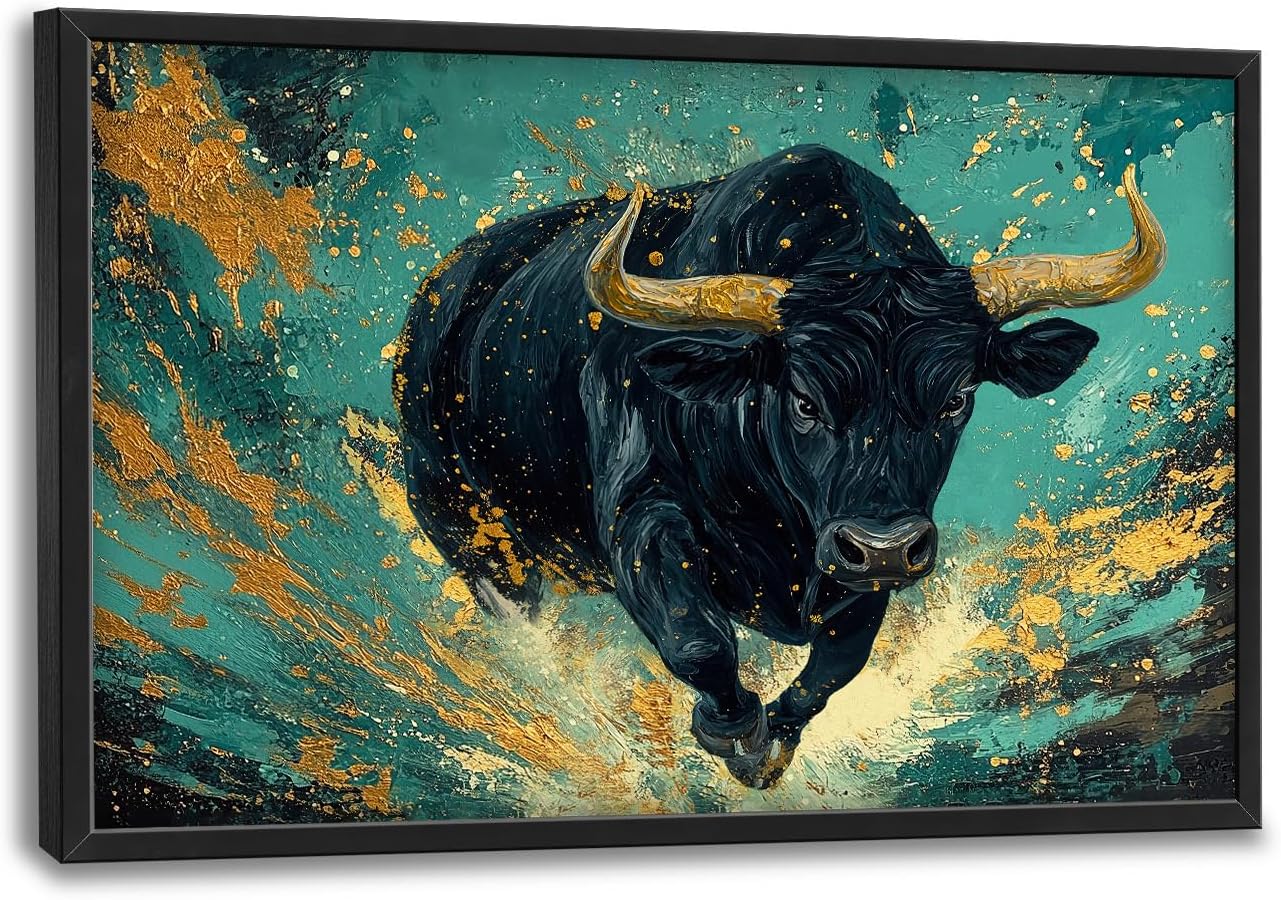 Large Bison Buffalo Wall Art for Living Room, Framed Oversized Bull Wall Decor, Abstract Teal and Golden Canvas Painting Modern Artwork for Living Room Bedroom Office Dining Room 36"x24"