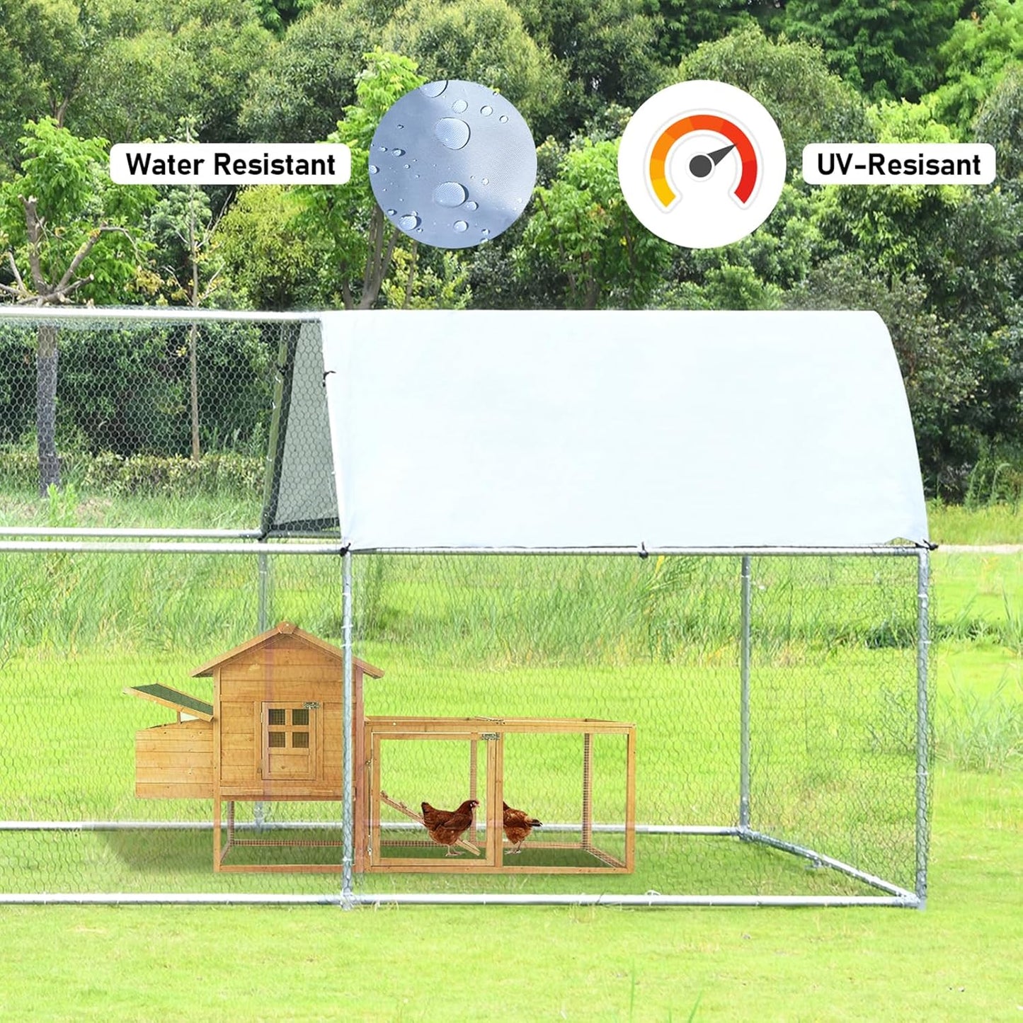 4ever2buy Large Metal Chicken Coop with Run Walk-in Poultry, Cage Chicken Runs House Pen Cage, Flat Roofed Chicken Coops with Anti-Ultraviolet Cover for Outdoor, Yard Farm, Use 9.2’Lx18.7’Wx6.4’H