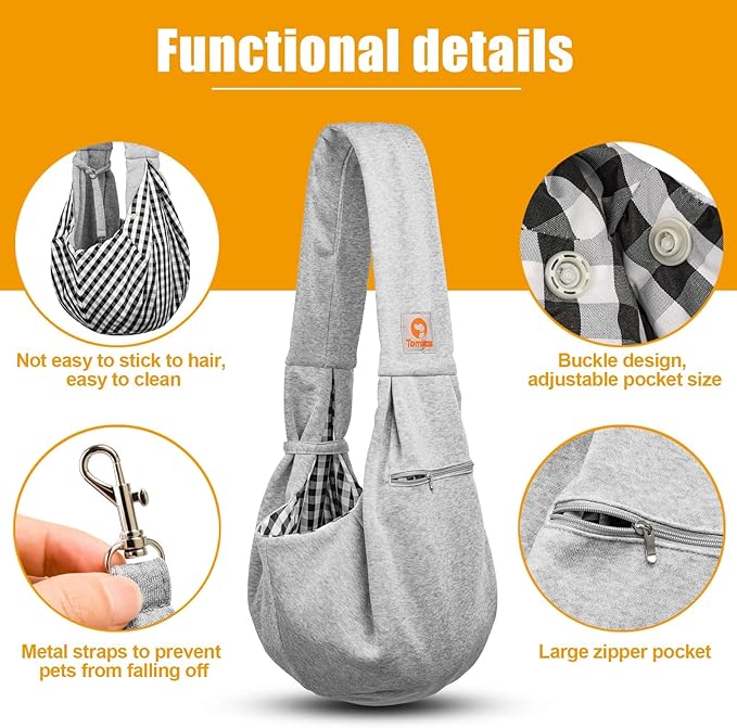 Tomkas Small Dog Sling Carrier - Zipper Pocket & Classic Strap - for 3-10 lbs Pets(Grey)