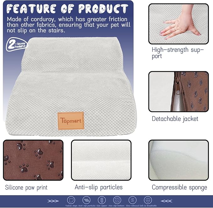 Topmart High Density Extended Foam Dog Ramp&Steps 2 Tiers,11.8" High,Non-Slip Dog Stairs,Soft Foam Pet Ladder with Waterproof Cover,Best for Injured,Older Cats,Pets with Joint Pain