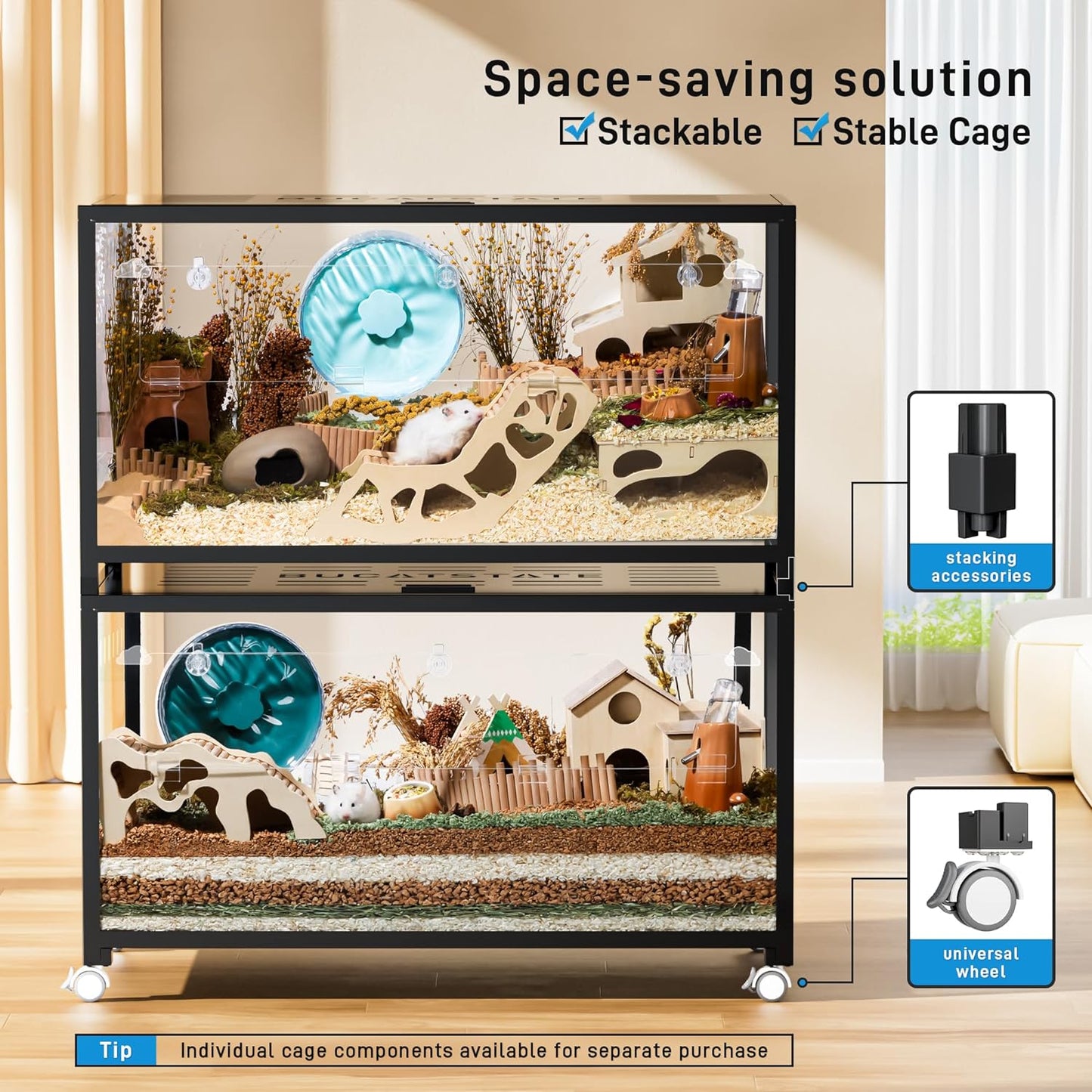 BUCATSTATE Hamster Cage Metal 2.0 - Small Animal Habitats Large Stackable with Top Access Easy Assemble 39.3L*19.7W*20.6H Inches Dwarf Syrian Hamster House for Guinea Pig, Gerbil (774sq inch Black)