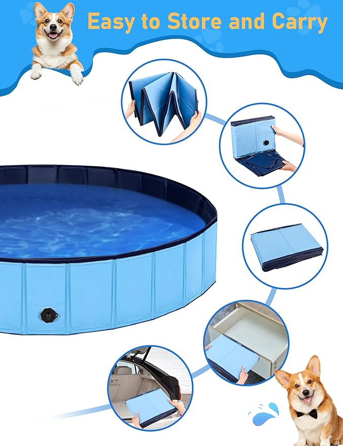Foldable Dog Pool, Lexda Hard Plastic Shell Pet Swimming Pools for Large Dogs, Collapsible Plastic Pet Pool, Portable Bathing Tub for Dogs (79x12inch)