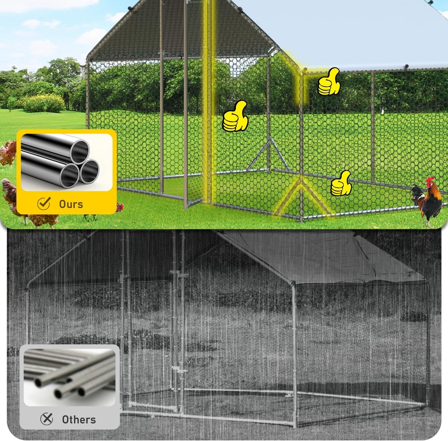 Large Metal Chicken Coop with Run Walk-in Poultry Cage Chicken Runs House Pen Cage Spire Roofed Chicken Coops with Anti-Ultraviolet Cover for Outdoor Yard Farm Use 9.8’L x 19.7’W x 6.4’H