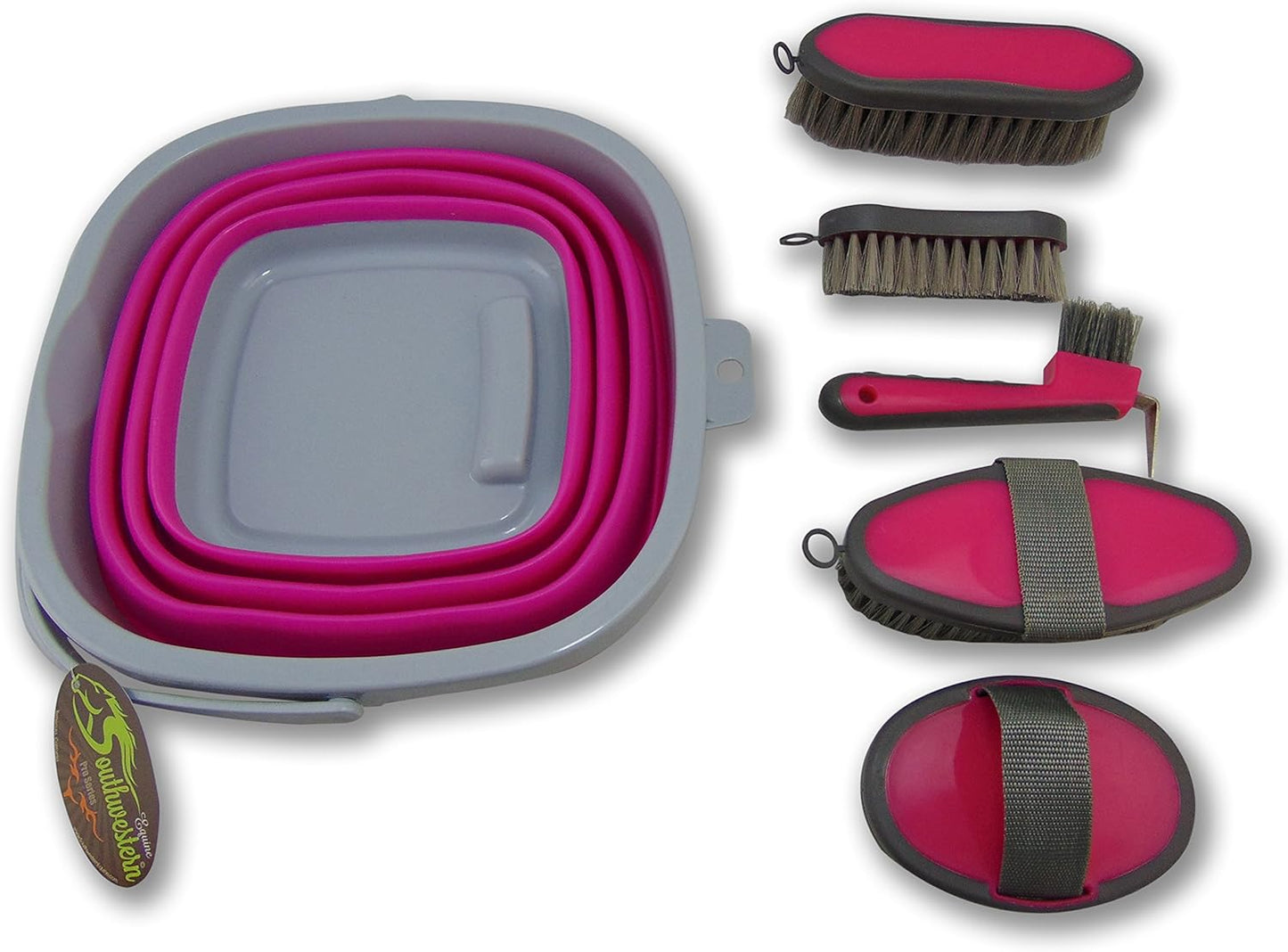 Collapsible Grooming Kit 10 Liter Bucket and 5 Grooming Tools by Southwestern Equine (Pink)
