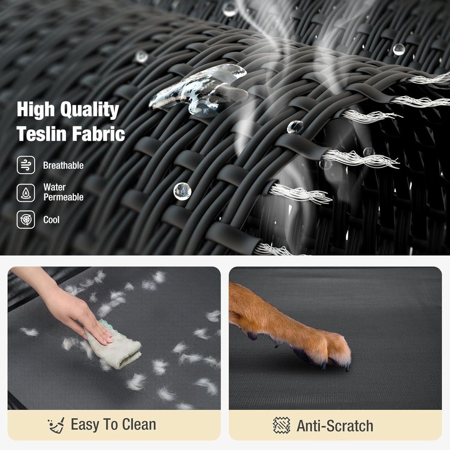 Veehoo Cooling Elevated Dog Bed, Raised Pet Cot with Guardrail & Slope Headrest, Durable & Breathable Teslin Mesh, Non-Slip Feet, Washable Dog Sofa Bed for Indoor & Outdoor, Large 47" x 32", Black