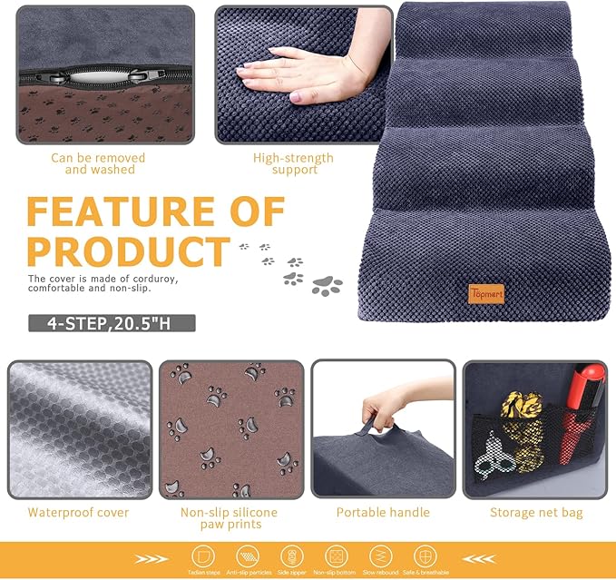 Topmart High Density Foam Dog Steps 4 Tiers,Extra Wide Deep Pet Steps,Non-Slip Dog Stairs Ramp for Bed,Soft Foam Cat Ladder,Best for Older Injured,Older Pets,Cats with Joint Pain