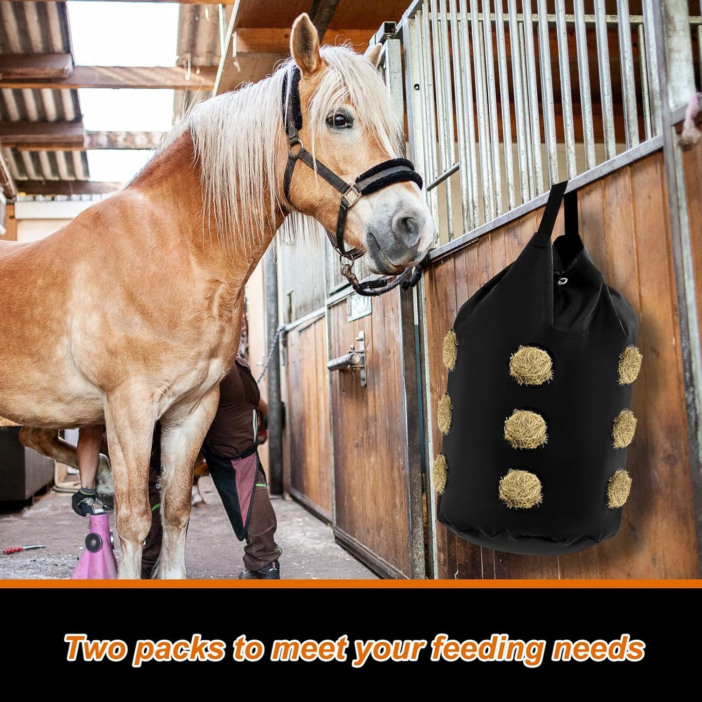 2 Pcs hay Bags for Horses Goats Slow Feed 1680D Oxford Bag Black Large Capacity Net Open Feed Hole Hay Holder for Horse Goats Sheep(15 Holes)