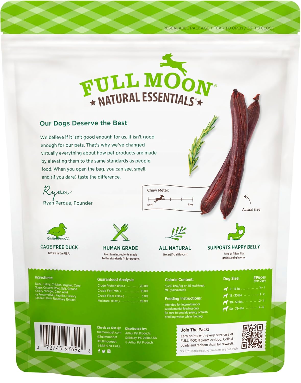 Full Moon All Natural Human Grade Dog Treats, Essential Duck Savory Sticks 22.0 oz
