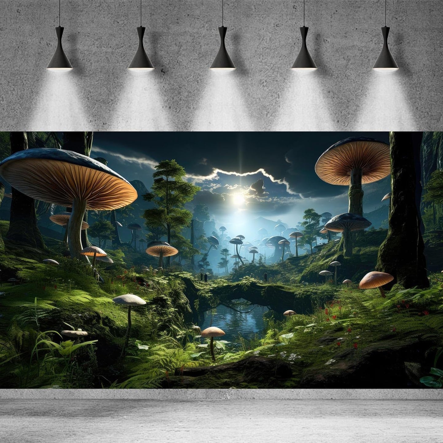 Fantasy Mushrooms Landscape Aquarium Background Tranquil Stream Cloudy Sky Terrarium Background Lush Green Tropical Plants Trees Fish Tank Backdrop Decoration Tank Background Poster 72x18in