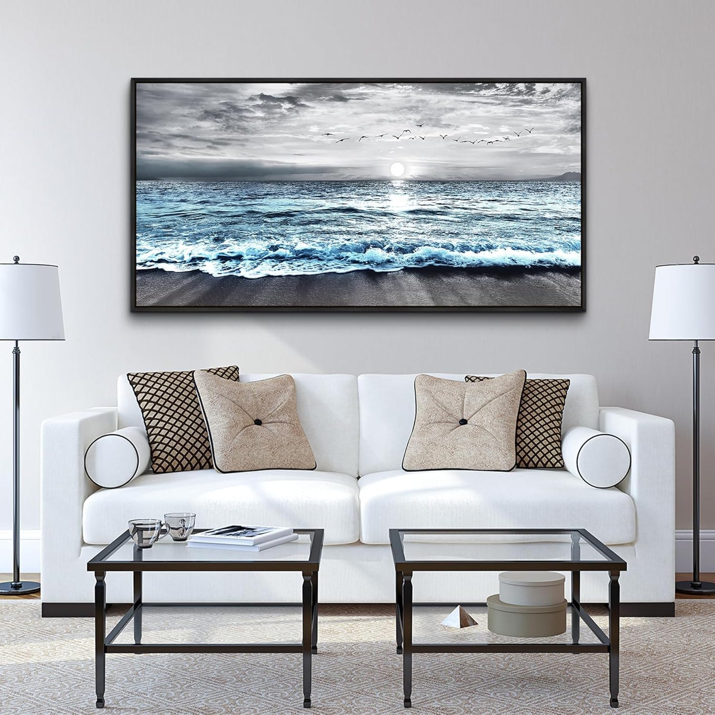 Wapluam Large Black Framed Wall Art For Living Room Wall Decor For Bedroom Office Wall Decorations Black And White Wall Painting Blue Sea Wave Pictures Artwork For Modern Beach Canvas Prints Poster