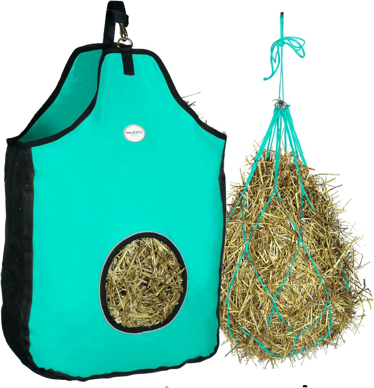 Majestic Ally 1200 D Hay Feeder Tote Bag for Horses, Sheep with Reflective Trim- Reduces Waste - Comes with 36” Hay Net. (Turquoise)