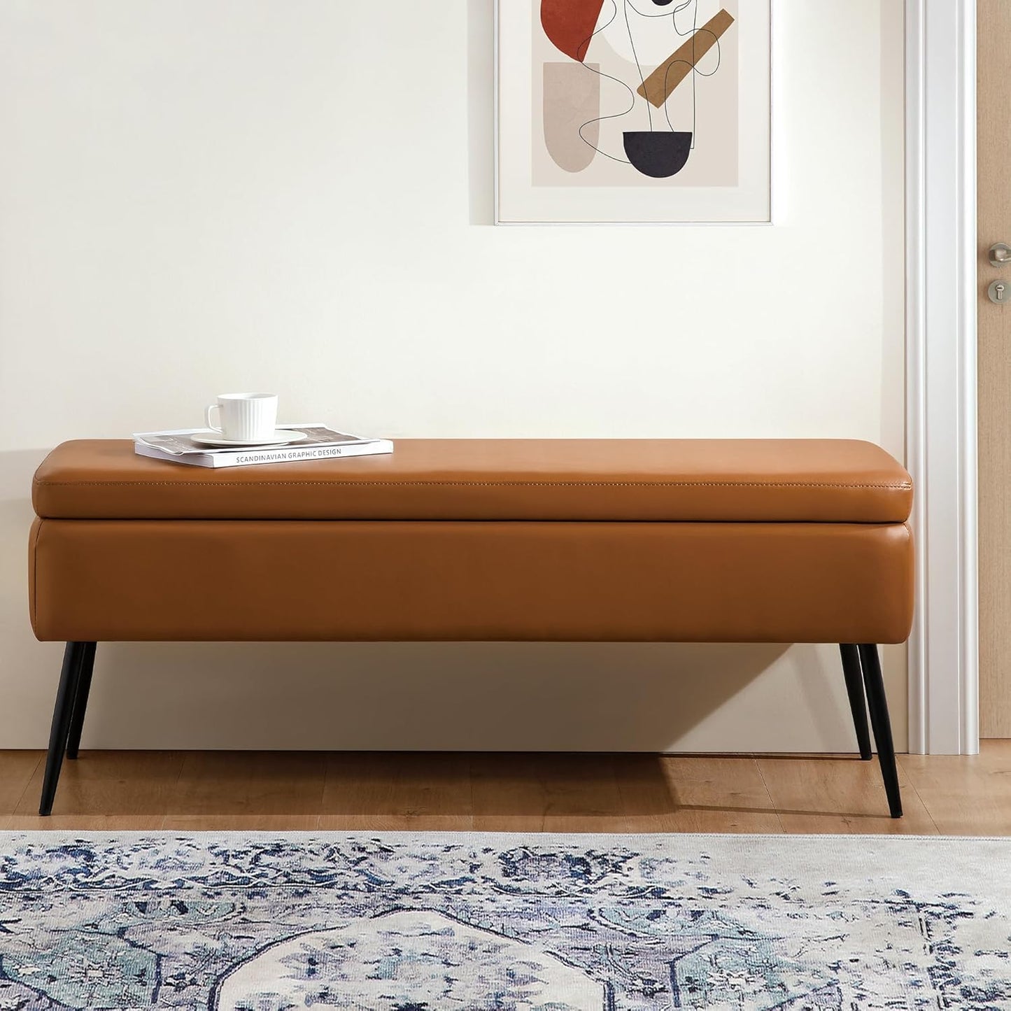 Leather Storage Ottoman Bench,End of Bed Bench for Living Room Bedroom Dinning Room Entryway,Mid-Century Modern,Faux Leather,with Steel Legs,Safety Hinges,Loads 660 lb (Without Button, Brown)