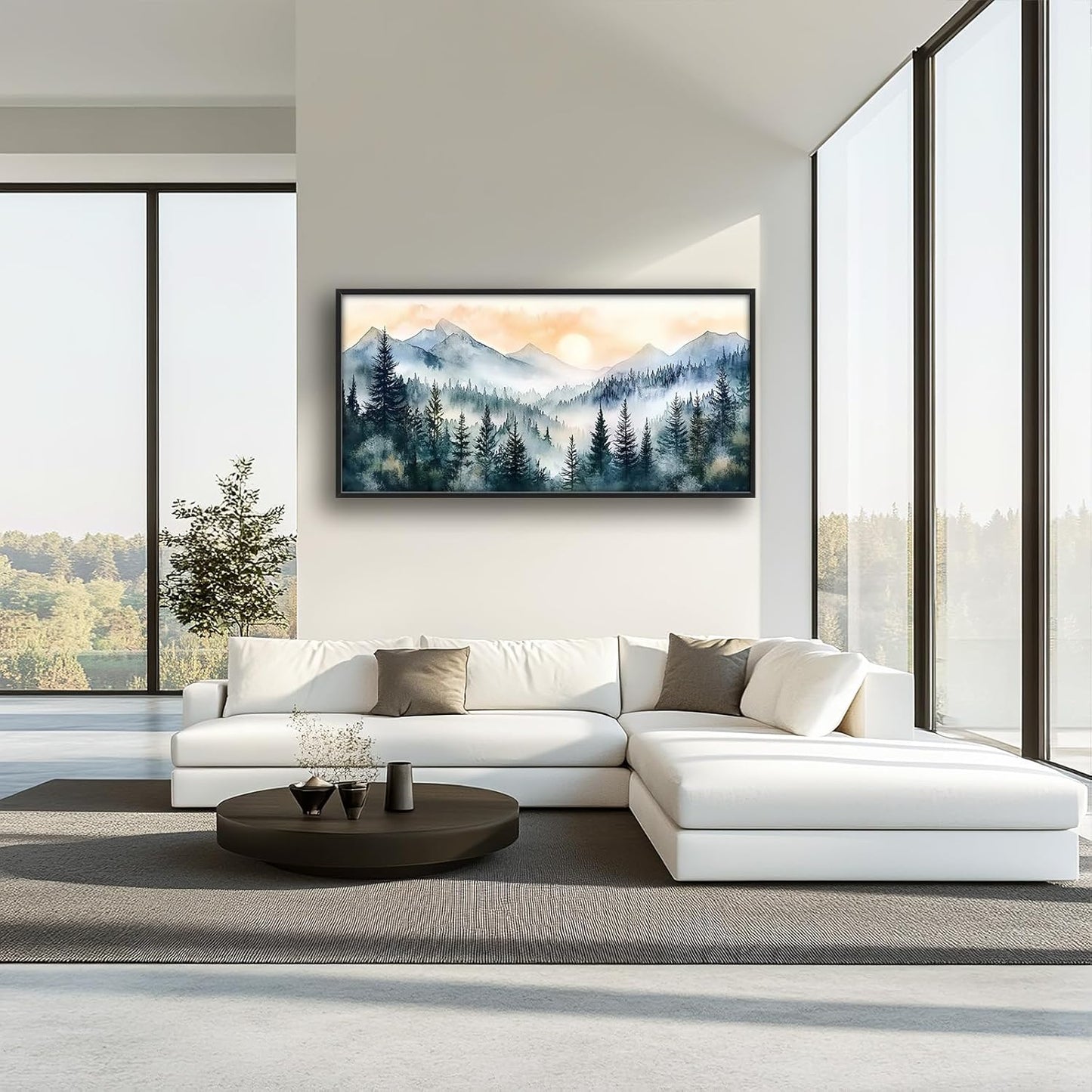 Large Misty Mountain Forest Wall Art for Living Room, Framed Foggy Sunrise Landscape Wall Decor Oversized Watercolor Canvas Painting Modern Artwork Home Decoration for Bedroom Office 60"x30"