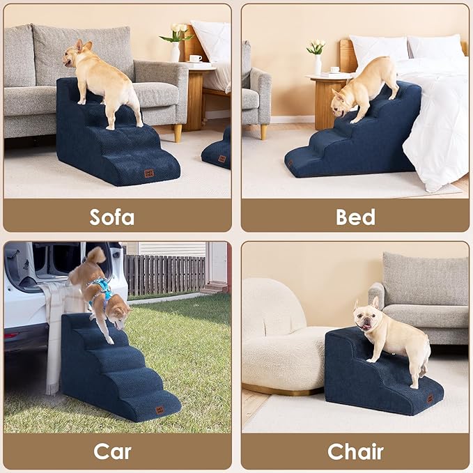 EHEYCIGA Curved Dog Stairs Ramp for High Beds 22.6" H, 5-Step Dog Steps for Small Dogs and Cats, Pet Stairs for High Bed Climbing, Non-Slip Balanced Pet Step Indoor, Navy