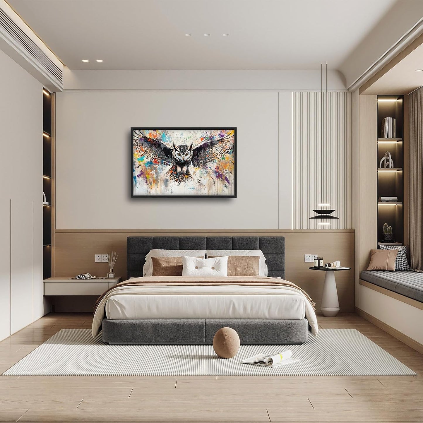 Large Owl Wall Art for Living Room, Framed Oversized Banksy Owl Wall Decor Colorful Wildlife Canvas Painting Animal Pictures Modern Artwork for Living Room Bathroom Bedroom Office Dining Room 36"x24"