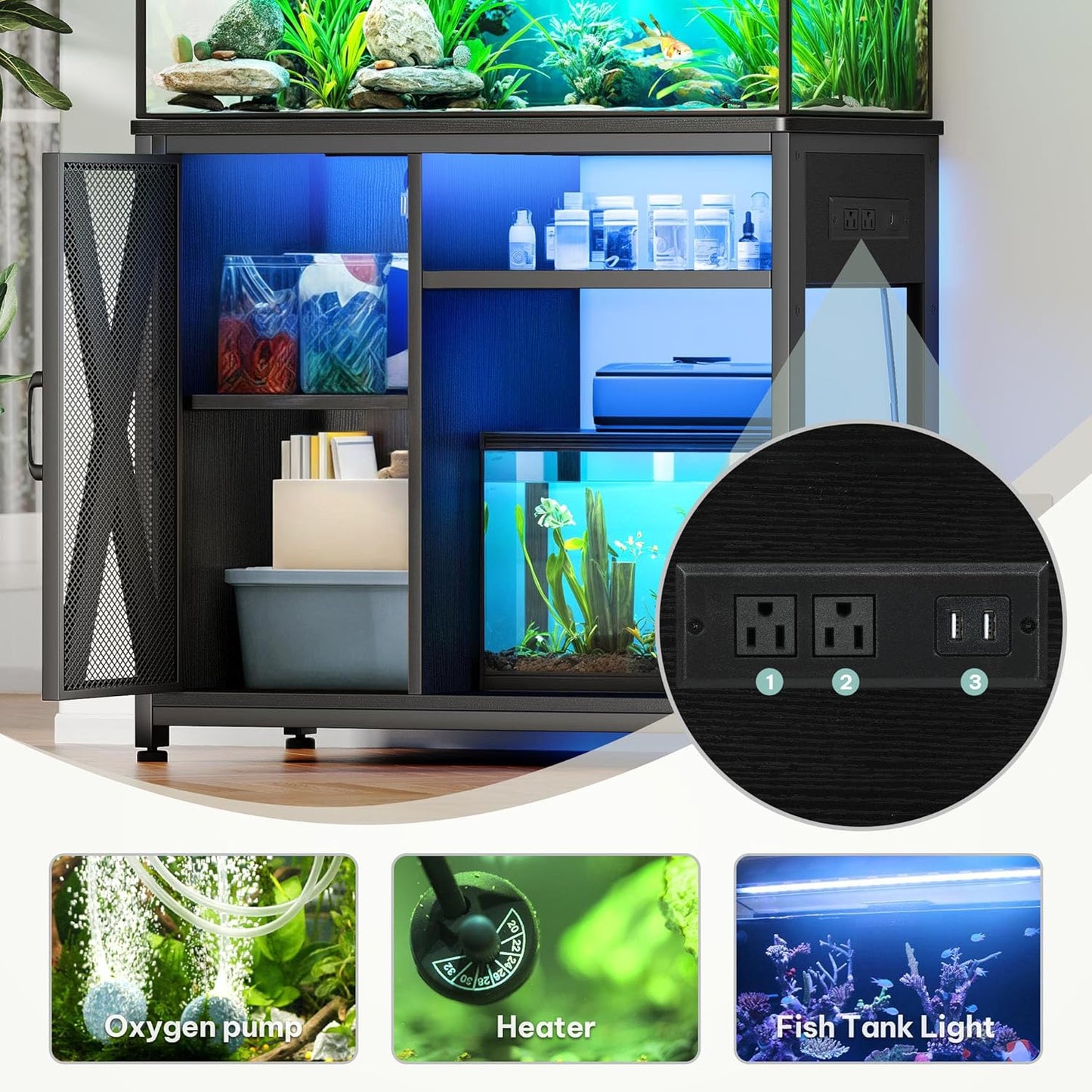 YITAHOME Fish Tank Stand with Power Outlets & LED Light, 40-50 Gallon Metal Aquarium Stand with Cabinet for Fish Tank Accessories Storage for Turtle Tank, Reptile Terrarium, 660LBS Capacity, Black