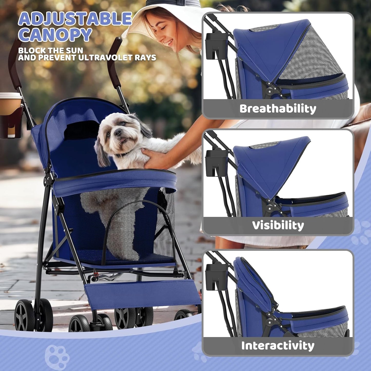 Magshion Compact Pet Stroller for Small-Medium Dogs/Cats up to 22lbs, 4-Wheel Lightweight Umbrella Shaped Portable Puppy Travel Jogger with Breathable Mesh, Cup Holder & Rear Storage, Navy Blue