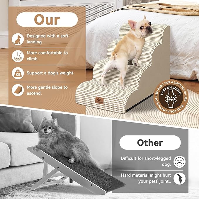 Dog Ramp and Stair for Bed 16" H-20 H,3-Step Cat Stair for Sofa and Chair,4-Step Dog Ramp for High Bed and Window,Durable Nonslip Fabric Cover for Indoor (Beige-20 H, Pet Friendly, 4)