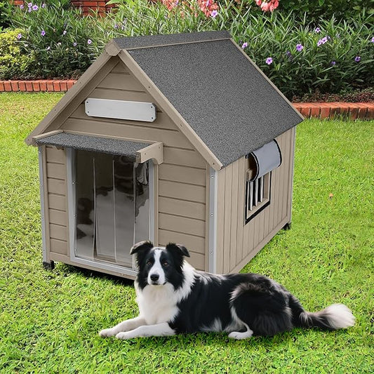Large Dog House Outdoor Weatherproof, Wooden Dog Kennel Shelter with Anti-Chewing Iron Frame, Removable Floor for Medium to Large Dogs, Easy Clean and Assemble (30.5" L*37.4" W*39.3" H)