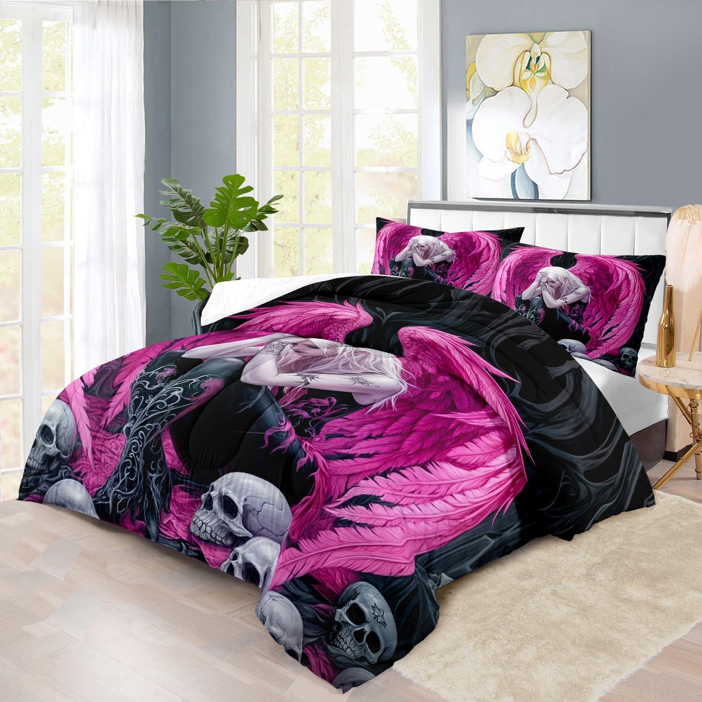 Gothic Skull Comforter Set Queen for Adults,Angel Wings Bedding Set Pink for Girls,Sexy Angel Comforter Bedroom Decor Teen,Gothic Skull Bedding Decor Pink Wings Quilt