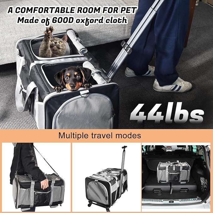 Cat Carrier for 2 Cats, Large Dog Cat Carrier with Wheels for Under 44lbs, Rolling Pet Carrier with Removable Pole Platform and Upgraded Wheels Dog Cat Travel Carrier for Hiking Camping, Black