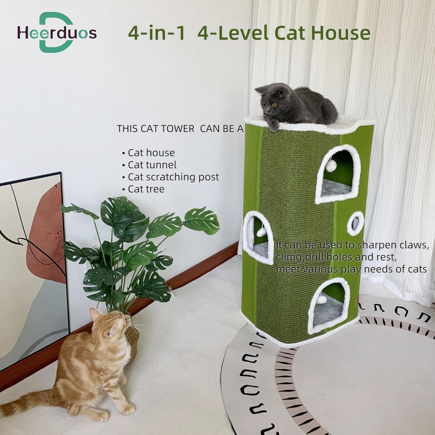 4-Level Cat House for Indoor Cats,Covered Cat Beds and Furniture with Scratch Pad,Hideaway Cave &Cushions,Modern Cat Tower Condo for Multi Small Pet and Large Cats Green